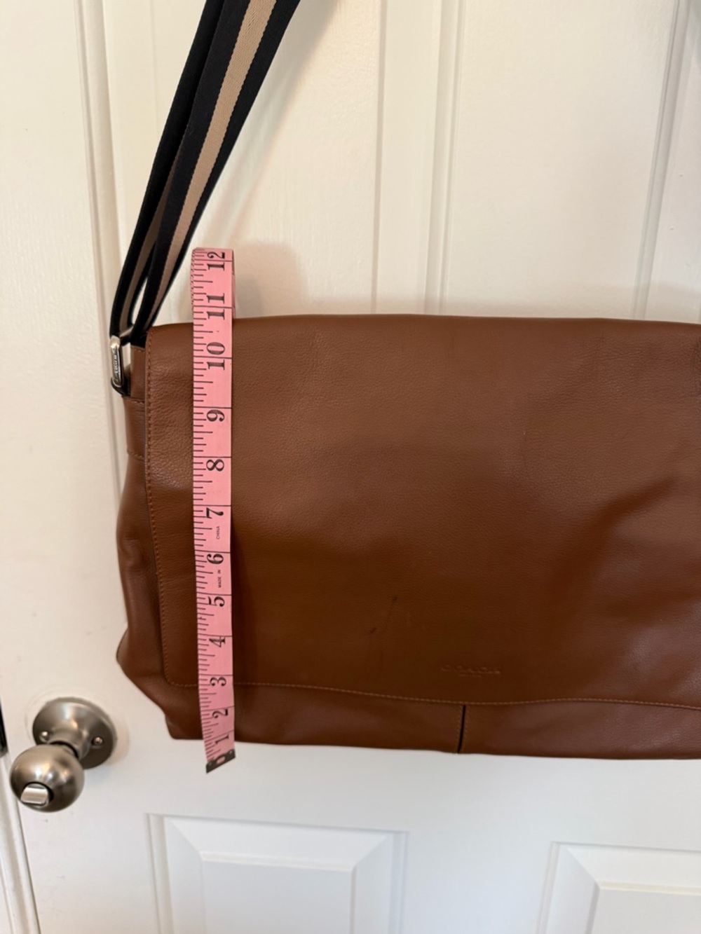 Coach Tan Leather Messenger Bag with Striped Strap - Picture 10 of 10